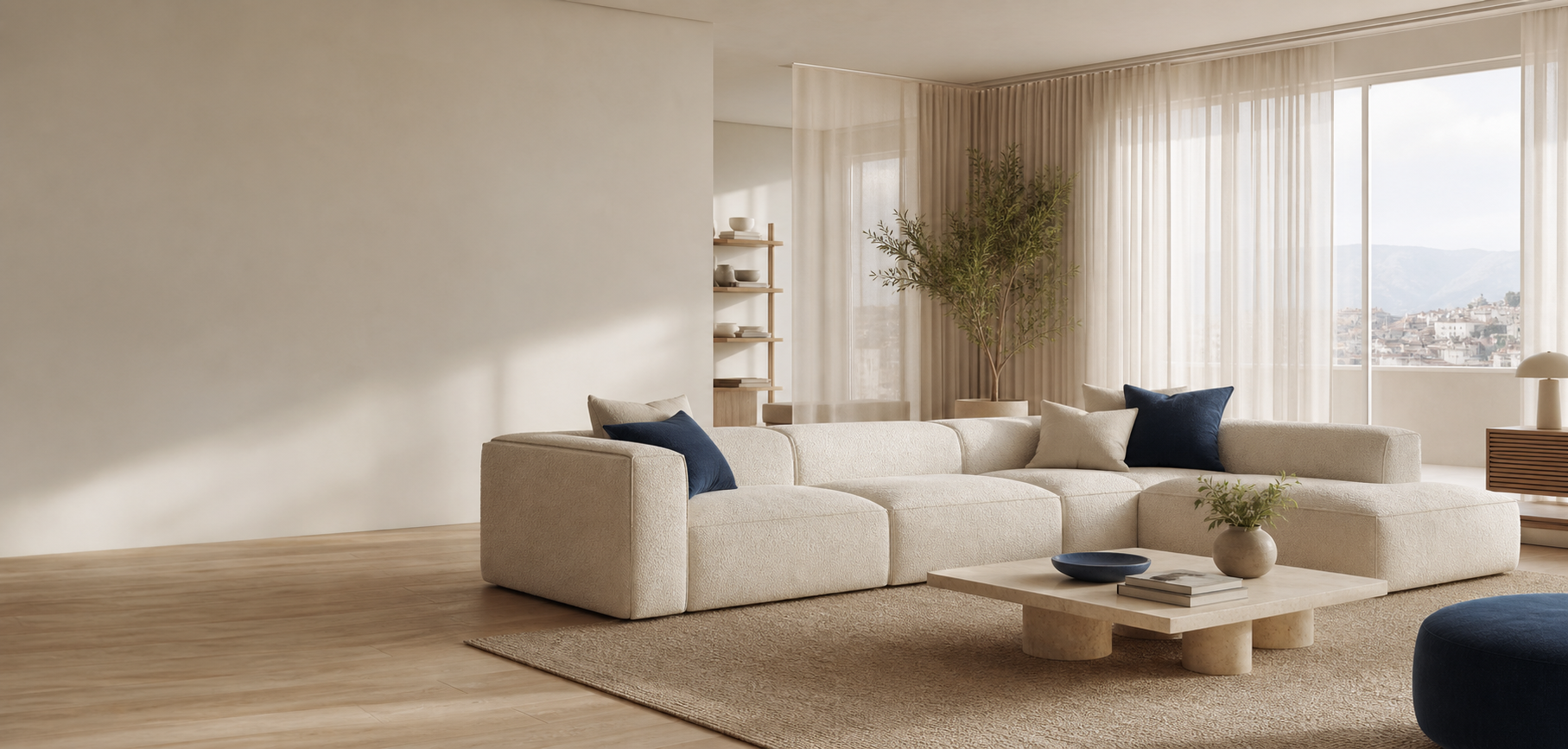 Living contemporáneo con sillón modular y cortinas